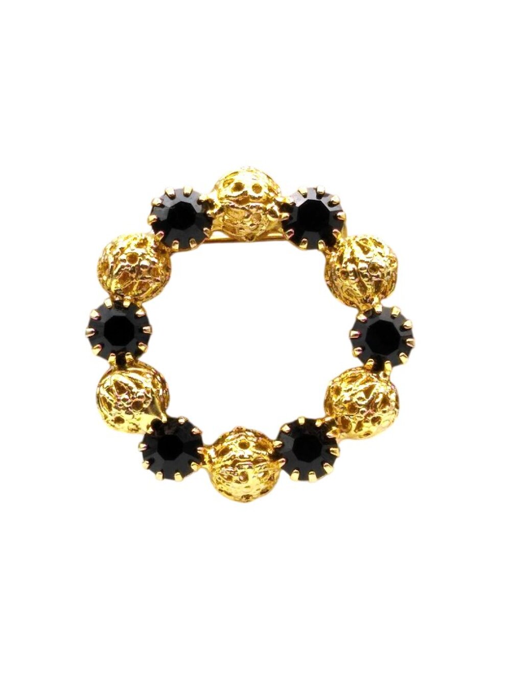Vintage Onyx and Filigree Wreath Brooch, Gold Tone Circle Mourning Pin